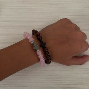 Pink and Black Beaded Bracelets with Cross Charms